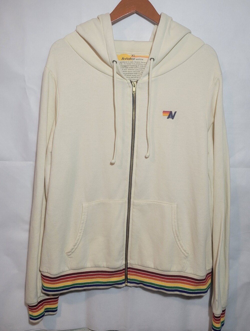 Aviator Nation Hoodie XL Beige Full Zip Rainbow Stripe Cuffs Sweatshirt